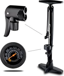 Matzwarte Fietspomp Met Drukmeter én Extra Ventielen - Multifunctioneel Mondstuk – Schrader En Presta – Aluminium Lichtgewicht Vloerpomp – Ballenpomp/ Scooterpomp/ Autobandenpomp