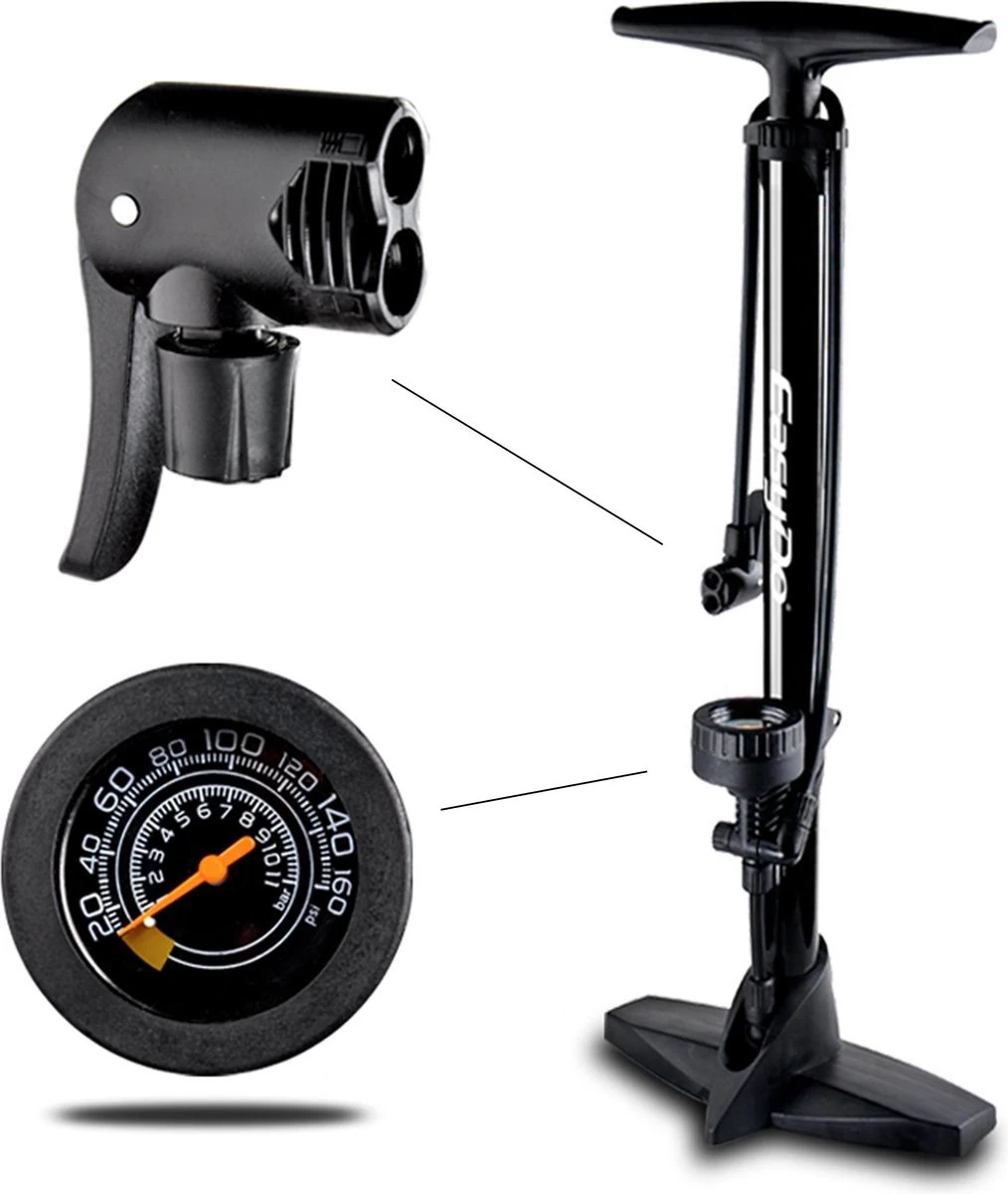 Matzwarte Fietspomp Met Drukmeter én Extra Ventielen - Multifunctioneel Mondstuk – Schrader En Presta – Aluminium Lichtgewicht Vloerpomp – Ballenpomp/ Scooterpomp/ Autobandenpomp 3 Matzwarte Fietspomp Met Drukmeter én Extra Ventielen - Multifunctioneel Mondstuk – Schrader En Presta – Aluminium Lichtgewicht Vloerpomp – Ballenpomp/ Scooterpomp/ Autobandenpomp