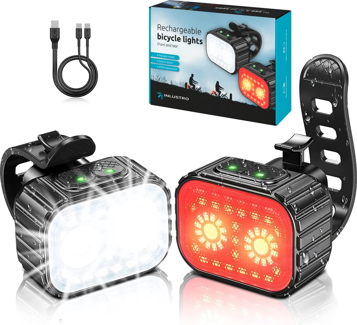 Inlustro Fietslamp Set - Voorlicht / Achterlicht - LED Fietslampjes Rood En Wit - Fietslicht Koplamp - Waterdicht - USB Oplaadbaar 3 Inlustro Fietslamp Set - Voorlicht / Achterlicht - LED Fietslampjes Rood En Wit - Fietslicht Koplamp - Waterdicht - USB Oplaadbaar