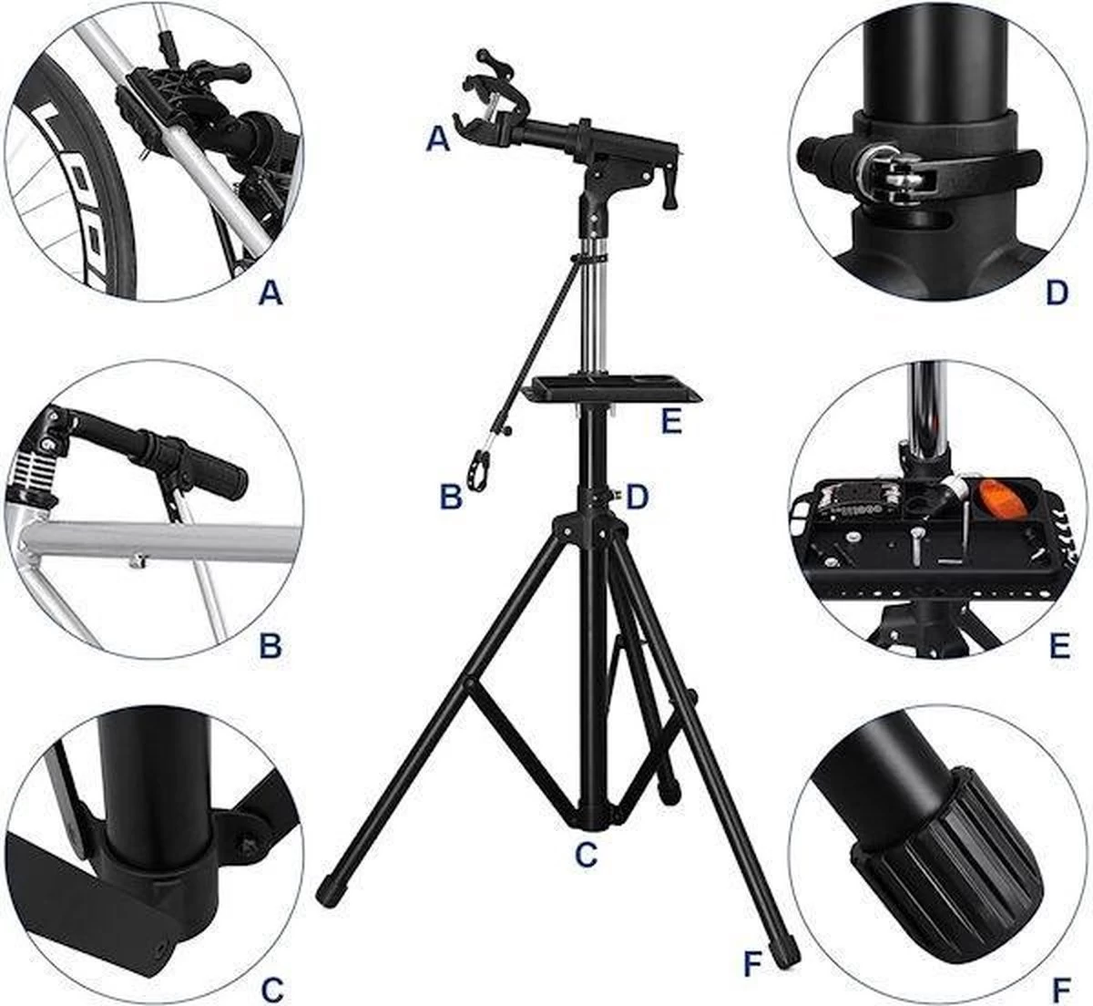 Merkloos Decopatent® PRO Montagestandaard Fiets - 360° Draaibaar - Verstelbaar + Gereedschapsbakje - Fiets Montage Reparatie Standaard 4 Merkloos Decopatent® PRO Montagestandaard Fiets - 360° Draaibaar - Verstelbaar + Gereedschapsbakje - Fiets Montage Reparatie Standaard - Afbeelding 2
