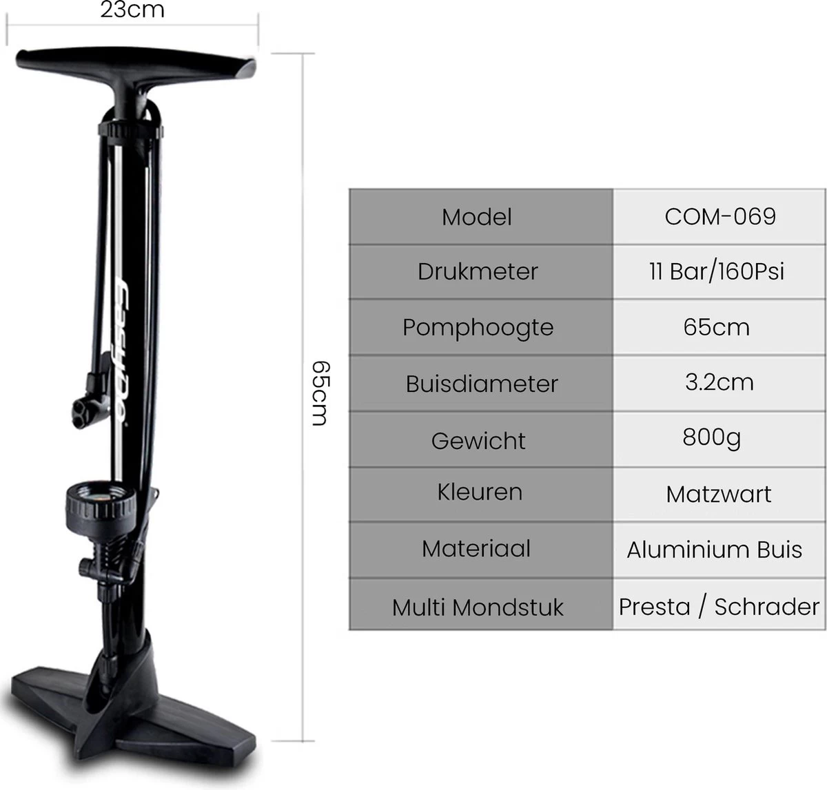 Matzwarte Fietspomp Met Drukmeter én Extra Ventielen - Multifunctioneel Mondstuk – Schrader En Presta – Aluminium Lichtgewicht Vloerpomp – Ballenpomp/ Scooterpomp/ Autobandenpomp 10 Matzwarte Fietspomp Met Drukmeter én Extra Ventielen - Multifunctioneel Mondstuk – Schrader En Presta – Aluminium Lichtgewicht Vloerpomp – Ballenpomp/ Scooterpomp/ Autobandenpomp - Afbeelding 8