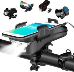 4-in-1 Fietslamp Voorlicht Mét Telefoonhouder - USB Oplaadbaar - Met Powerbank én Toeter - Racefiets Verlichting - Fietslicht Voorlicht Usb Oplaadbaar - Fietsverlichting Set - Licht Voor Fiets - Bike Light