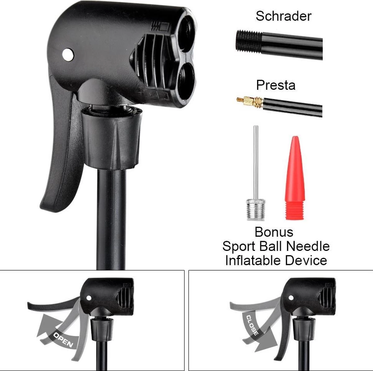 Matzwarte Fietspomp Met Drukmeter én Extra Ventielen - Multifunctioneel Mondstuk – Schrader En Presta – Aluminium Lichtgewicht Vloerpomp – Ballenpomp/ Scooterpomp/ Autobandenpomp 7 Matzwarte Fietspomp Met Drukmeter én Extra Ventielen - Multifunctioneel Mondstuk – Schrader En Presta – Aluminium Lichtgewicht Vloerpomp – Ballenpomp/ Scooterpomp/ Autobandenpomp - Afbeelding 5