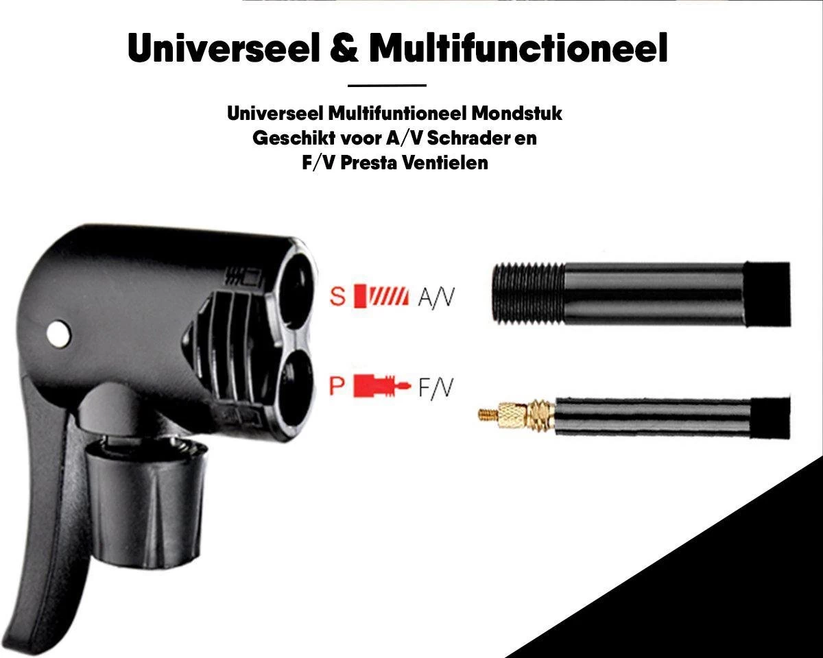 Matzwarte Fietspomp Met Drukmeter én Extra Ventielen - Multifunctioneel Mondstuk – Schrader En Presta – Aluminium Lichtgewicht Vloerpomp – Ballenpomp/ Scooterpomp/ Autobandenpomp 4 Matzwarte Fietspomp Met Drukmeter én Extra Ventielen - Multifunctioneel Mondstuk – Schrader En Presta – Aluminium Lichtgewicht Vloerpomp – Ballenpomp/ Scooterpomp/ Autobandenpomp - Afbeelding 2